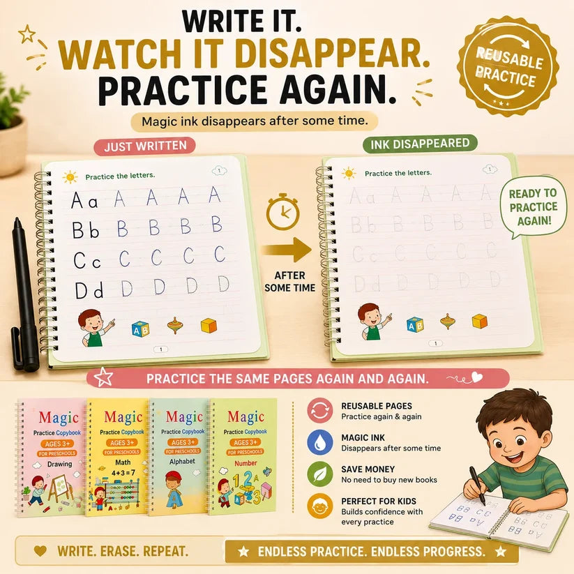 Magic Practice Copybook (4 Book) Handwriting Practice for Kids -FREE 10 Refill+ Pen + Grip